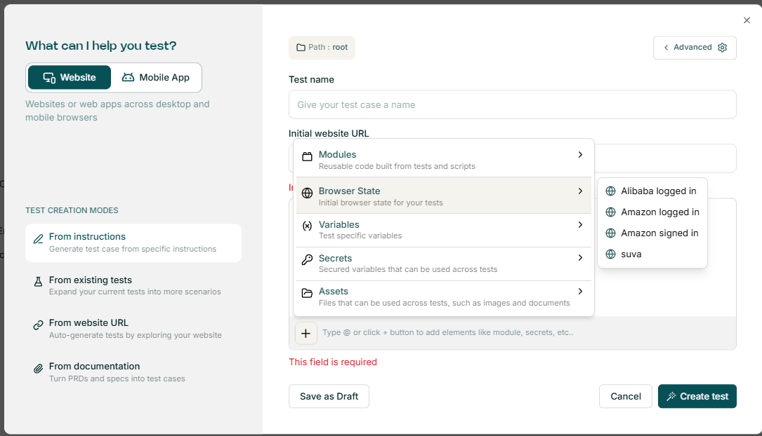 Select browser State in test creation