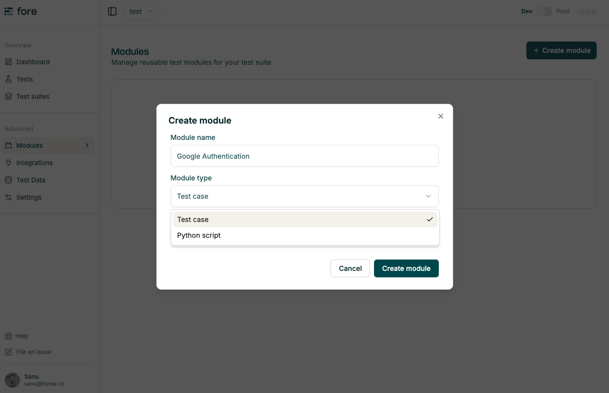 Create module dialog
